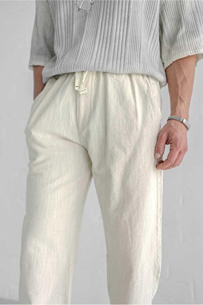 ablukaonline Erkek Baggy Fit Keten Pantolon Ekru