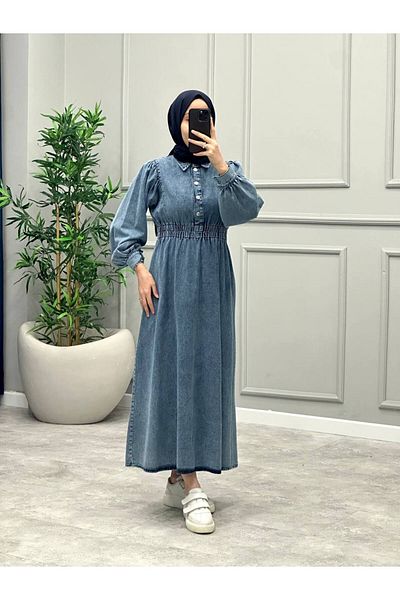OlaLady Rochie de damă din denim hijab cu talie dublă elastică cu nasturi în față