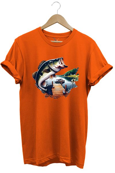 WİDİ Black Bass Printed Landscape T-Shirt Fishing Reguler Fit Cotton 100%