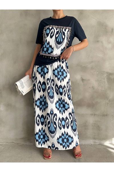 Cistern İstanbul Women's Navy Blue Ethnic Patterned Blouse Skirt Double Set