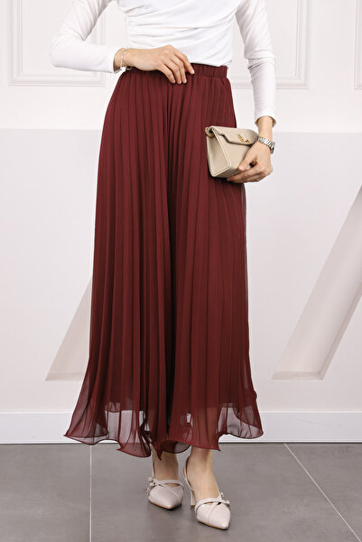 İmajButik Burgundy Elastic Waist Pleated Chiffon Skirt