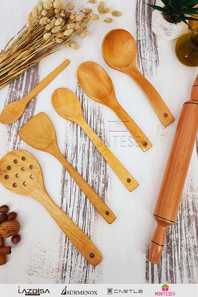 MONTESEV Wooden Wooden Kitchen Spoon Set Roller 7 Pieces Beech, Boxwood and Bamboo Wood Spoons