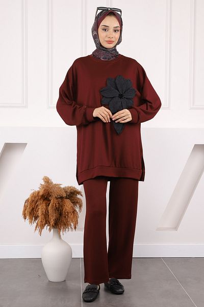 İmajButik Claret Red Floral Λεπτομερές Σετ παντελόνι Modal Tunic