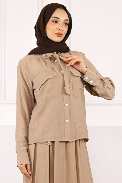 İmajButik Mink Collar Tie-Up Shirt Skirt Suit