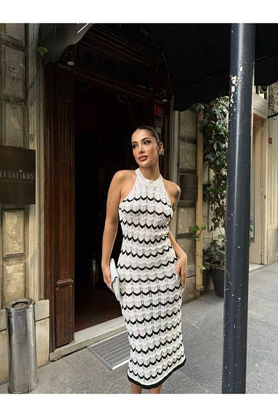 Cistern İstanbul Γυναικείο Πλεκτό Φόρεμα με Λευκό Καπίστρι Ζιγκ-ζαγκ Πλεκτό Λεπτομέρεια