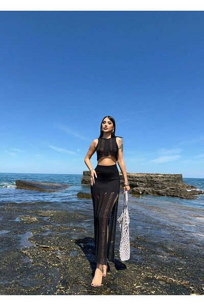 Cistern İstanbul Women's Black Rope Detailed Summer Knitwear Blouse Skirt Double Set