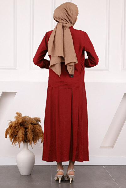 İmajButik Burgundy Collar Tie-Up Shirt Skirt Suit