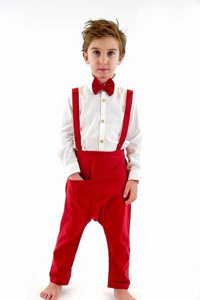 Catz Kids Red Gabardine Harem Salopet + Cream Linen Shirt + Bow Tie