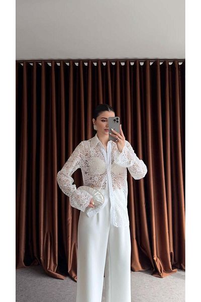 QİMYA BUTİK Hot Fashion Women's Belted Cuffed Elastic Linedless Lace Shirt