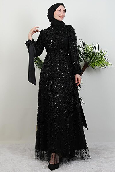 lizatesettür Kol Ucu Saten Abiye Siyah