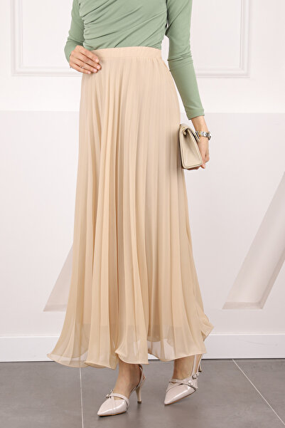 İmajButik Beige Elastic Waist Pleated Chiffon Skirt
