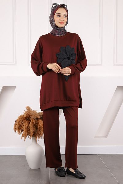 İmajButik Claret Red Floral Λεπτομερές Σετ παντελόνι Modal Tunic