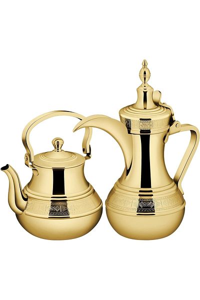 ALSAIF 2 Saif coffee pot and jug set: a coffee pot for preparing and serving Arabic coffee, and a practical jug for heating tea, golden color