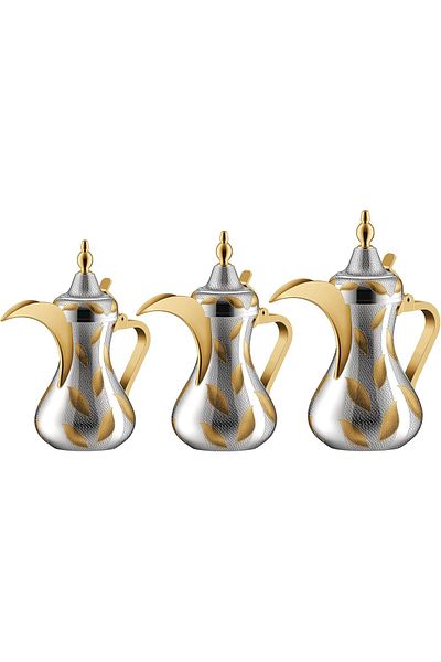 ALSAIF Saif Dallah Set 26/32/48 oz with elegant traditional design, ideal for preparing and serving coffee, gold/silver color