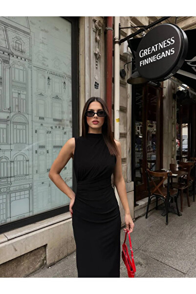 Drape Detaylı Yırtmaçlı Midi Abiye Elbise