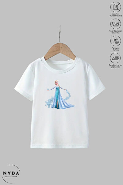 Nyda Collections Çocuk Bisiklet Yaka Elsa 2 Baskılı Pamuk Beyaz Kısa Kollu Ti...