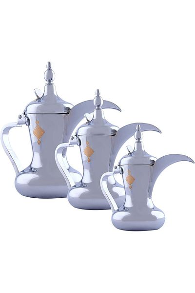 ALSAIF Saif Dallah Set 32/26/48 oz with elegant traditional design, ideal for preparing and serving coffee, gold color
