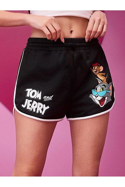 DUBU BUTİK Black Slit and White Piping Tom and Jerry Printed Bermuda Shorts