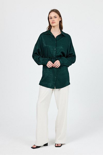 Rays Emerald Patterned Satin Look Rope Lacing Detailed Shirt 4293A