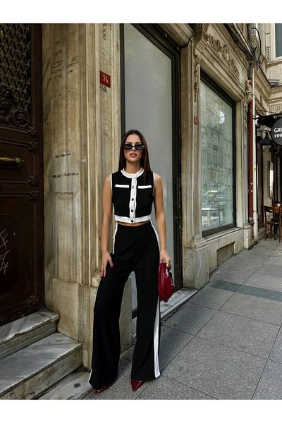 Cistern İstanbul Women's Black Ottoman Buttoned Vest Stripe Detailed Trousers Two Piece Set