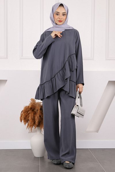 İmajButik Anthracite Ruffle Detailed Tunic Trousers Suit