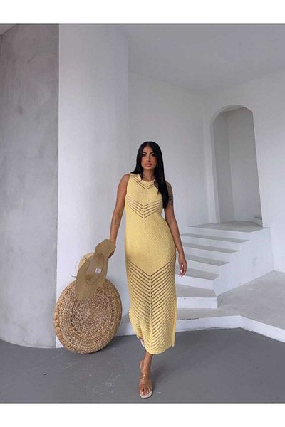 Cistern İstanbul Women's Yellow Knitted Detailed Slit Summer Knitwear Dress