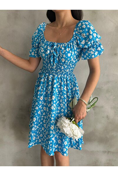 Sunlit Collections Kadın Mavi Çiçek Desenli Gipeli Bürümcük Yazlık Elbise