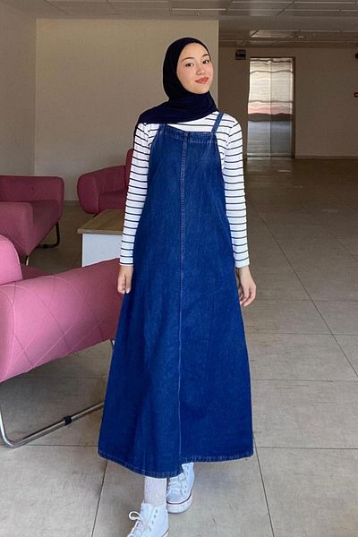 lamelif Τζιν Φόρεμα Salopet με λουράκι σκούρο μπλε