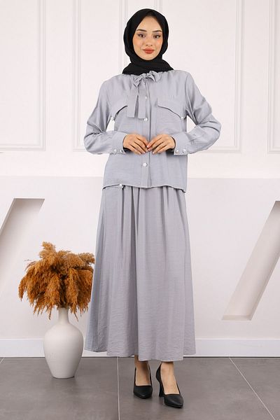 İmajButik Gray Collar Tie Shirt Skirt Suit