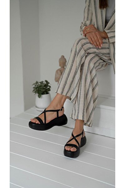 ECENİN BUTİĞİ Pepe Siyah Hakiki Deri Kadın Sandalet