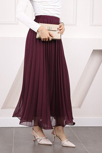 İmajButik Plum Waist Elastic Pleated Chiffon Skirt
