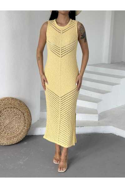 Cistern İstanbul Rochie de tricotaj de vară cu fantă, tricotată galbenă, pentru femei