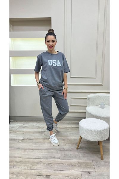Sweetline Μπλουζάκι ΗΠΑ Φούτερ Jogger - Λευκό εμπριμέ καπνιστή αθλητική φόρμα Oversize Crew Neck