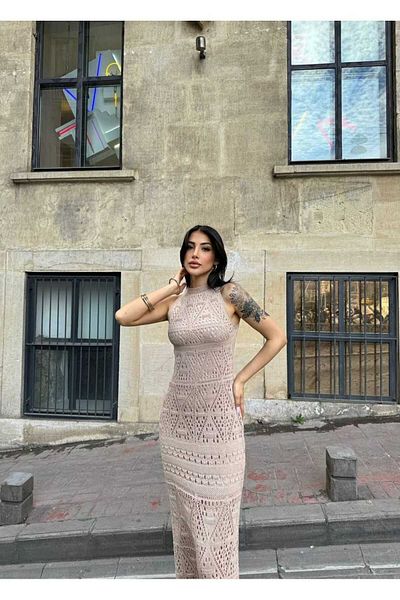 Cistern İstanbul Γυναικείο Μπέζ Φόρεμα Τρίκων με Λεπτομέρειες Πλέχτη και Επένδυση