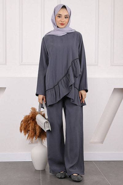 İmajButik Anthracite Ruffle Detailed Tunic Trousers Suit
