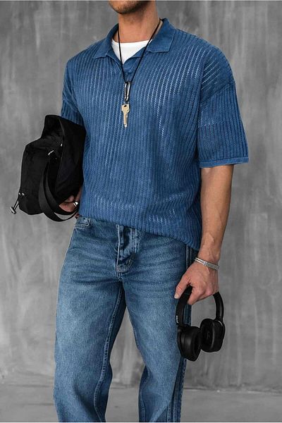 ablukaonline Ανδρικό μπλουζάκι Polo Neck Regular Fit Knitwear Σκούρο Μπλε