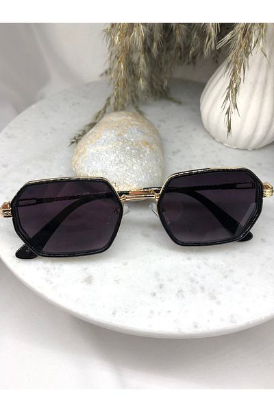 Mazzy Rectangular Black Sunglasses with Gold Detail