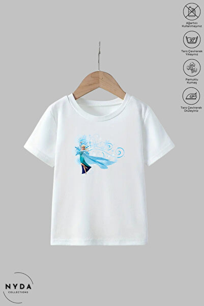 Nyda Collections Çocuk Bisiklet Yaka Elsa 3 Baskılı Pamuk Beyaz Kısa Kollu Ti...