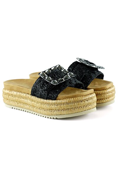 Erkan Saçmacı Black Fixed Single Band Crystal Stone Decorated Straw Textured Wedge Heeled Slippers