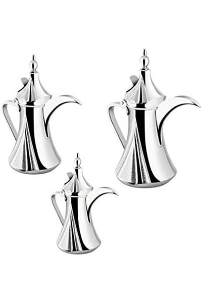 ALSAIF 3-piece Saif Dallah set with an elegant traditional design, ideal for preparing and serving Arabic coffee, chrome color