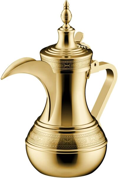 ALSAIF Dallah from Saif, 26 oz., ideal for preparing and serving Arabic coffee. Gold color.