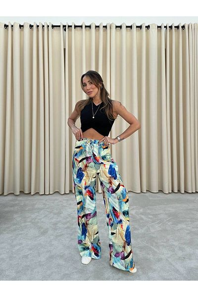 QİMYA BUTİK Bebe Plus Loose Patterned Trousers with Elastic Waist