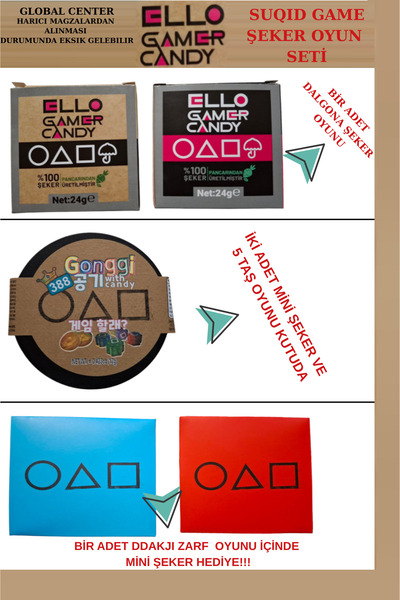 Squid Game Ddakjı Zarf 1 AD, Şeker Oyunu 1 AD, Beş Taş Oyun 1 Adet ( 3'lü Set )