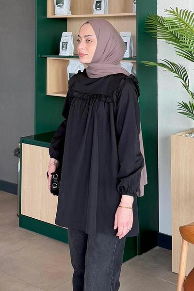 lamelif Black Crew Neck Shoulder Ruffle Tunic