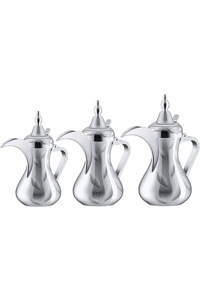 ALSAIF Saif Dallah Set 26/32/48 oz with elegant traditional design, ideal for preparing and serving coffee, chrome color
