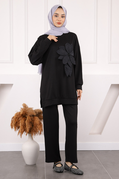 İmajButik Μαύρο φλοράλ λεπτομερές κοστούμι παντελόνι Modal Tunic