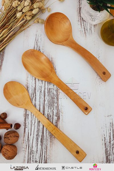 MONTESEV Wooden Wooden Kitchen Spoon Set 3 Pieces Beech, Boxwood and Bamboo Wood Spoons