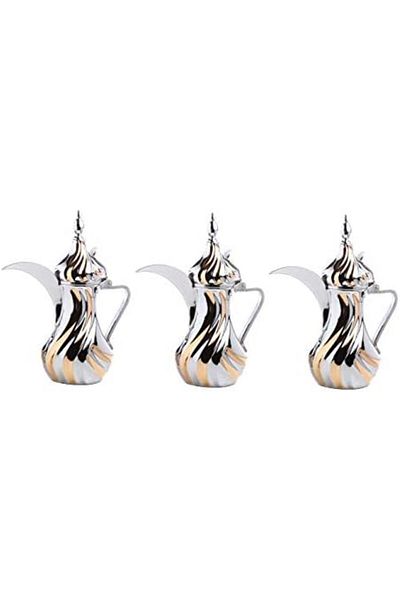 ALSAIF Arabic Coffee Pot Set, Stainless Steel, Al Saif, 3 Pcs, Size: 26/32/48 OZ, Color: Chrome/Gold