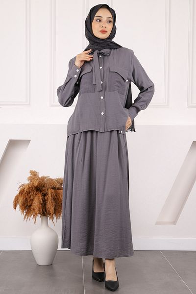 İmajButik Smoked Collar Tie-Up Shirt Skirt Suit