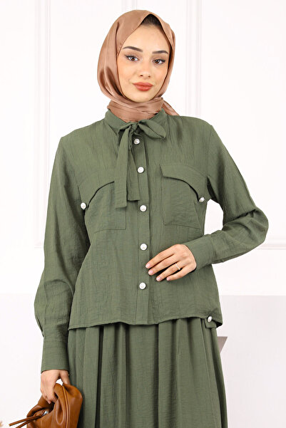 İmajButik Khaki Collar Tie Shirt Skirt Suit